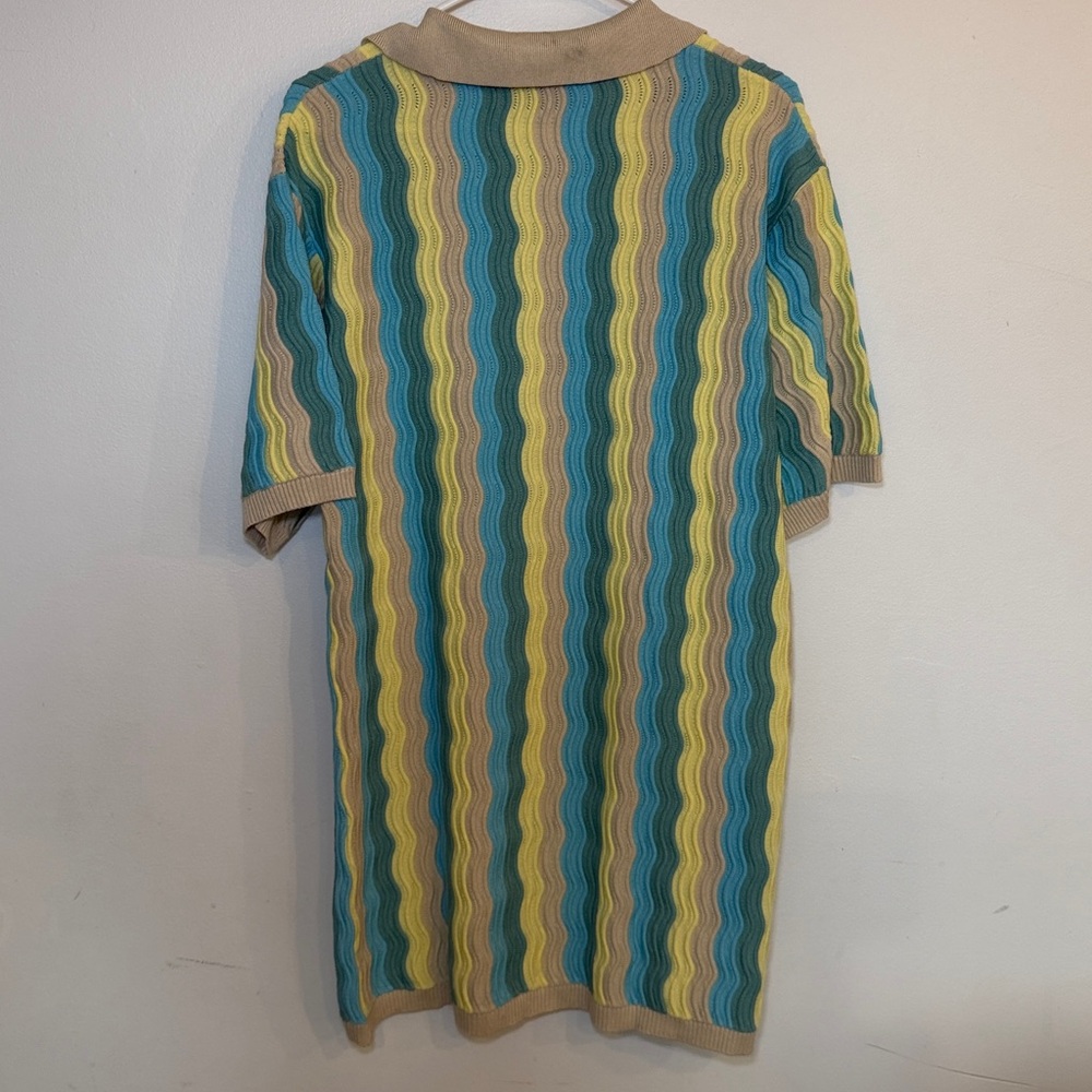 yllw Blue Yellow Wavy Pointelle Knit Button Down Polo Mini Dress Cardigan S/M - Picture 3 of 10
